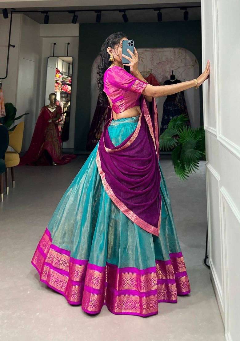 Pink Zari Work Silk Blend Lehenga Set for Diwali and Festive Wear - Indya