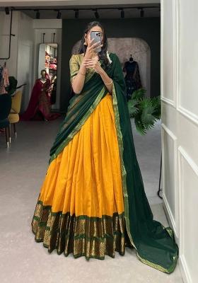 Green Zari Work Silk Blend Lehenga Set