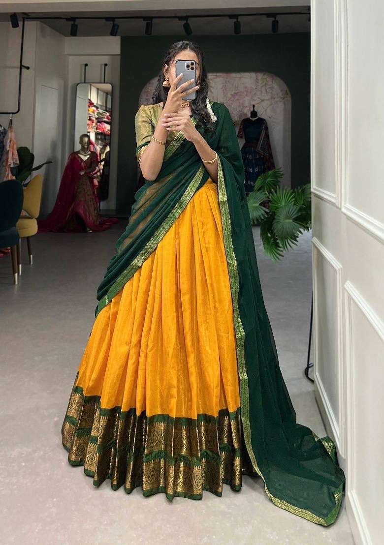 Green Zari Work Silk Blend Lehenga Set for Diwali and Festive Wear - Indya