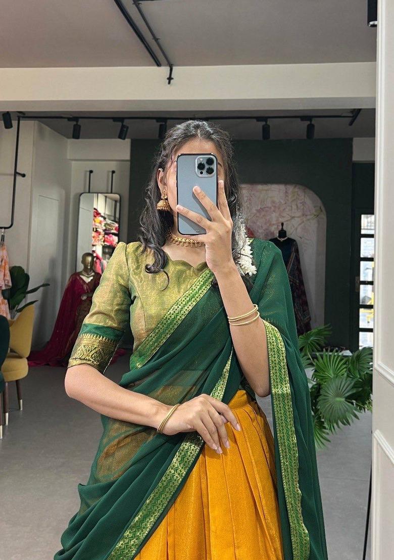 Green Zari Work Silk Blend Lehenga Set - Indya