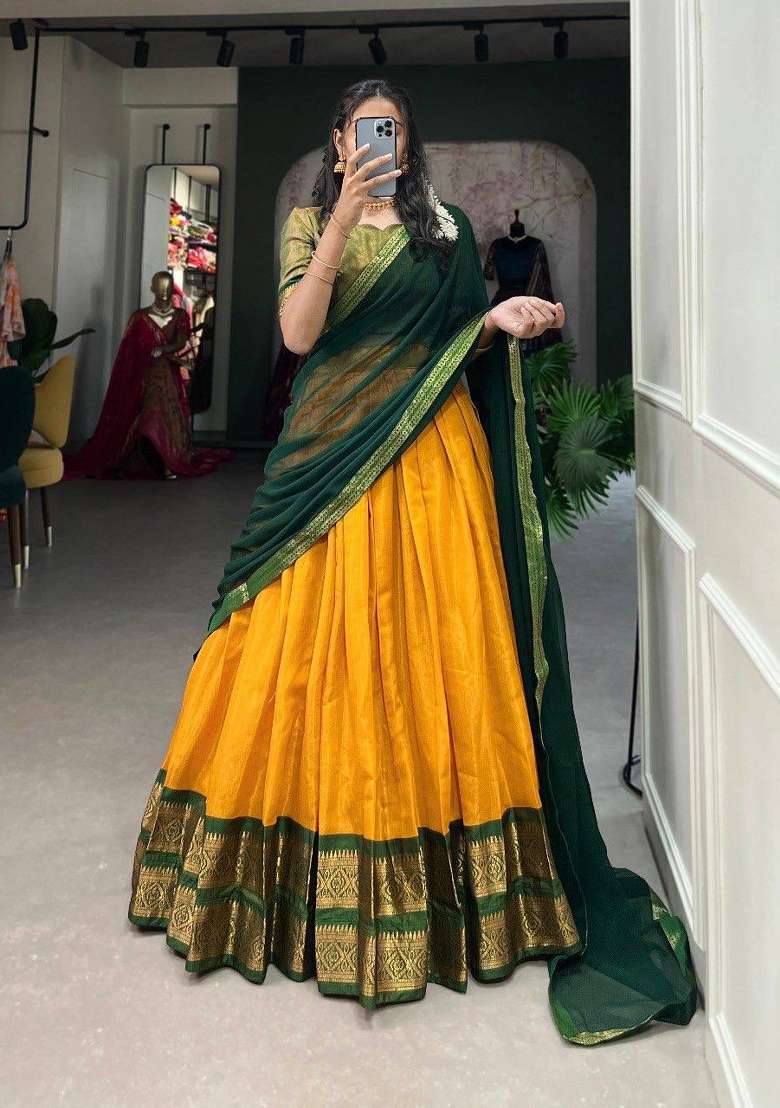 Green Zari Work Silk Blend Lehenga Set for Diwali and Festive Wear - Indya