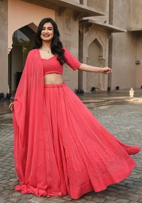 Pink Embroidered Georgette Lehenga Set