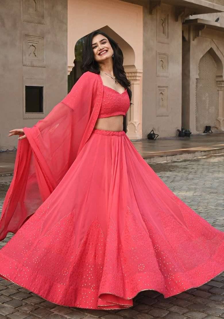 Pink Georgette Lehenga Set with Embroidered for Diwali | Wedding & Festive Wear - Indya