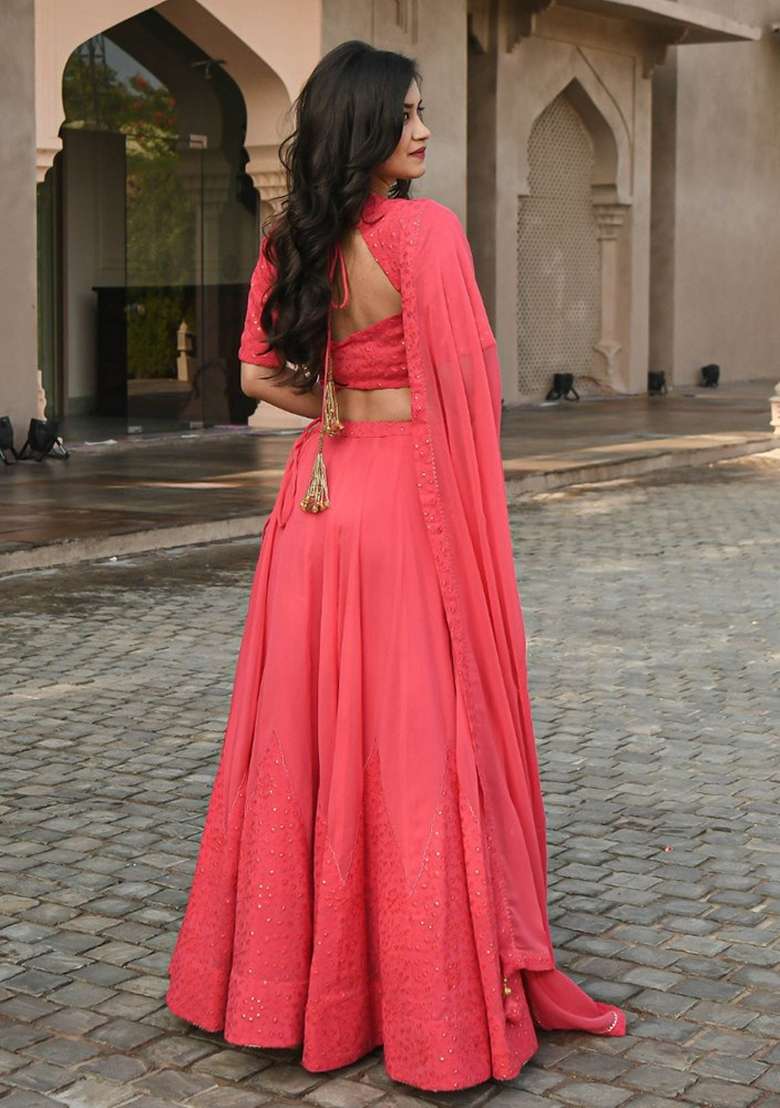 Pink Georgette Lehenga Set with Embroidered for Diwali | Wedding & Festive Wear - Indya