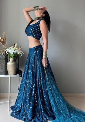 Blue Embroidered Georgette Lehenga Set