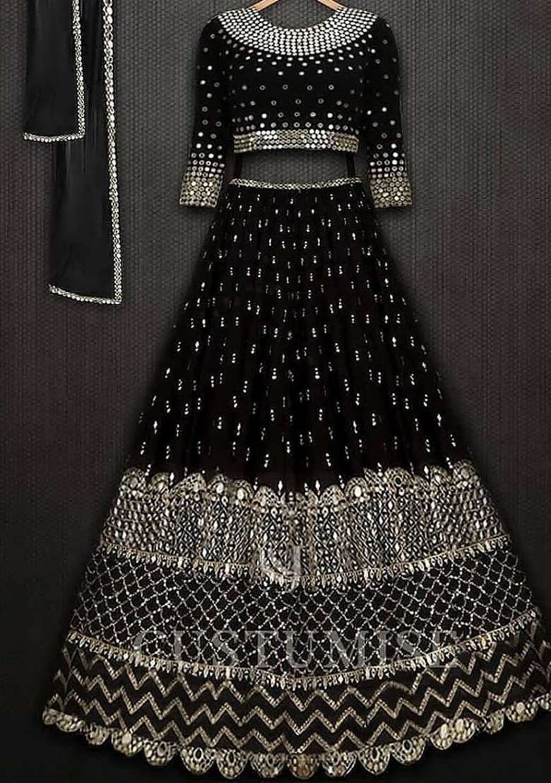 Black Embroidered Georgette Lehenga Set for Diwali and Festive Wear - Indya