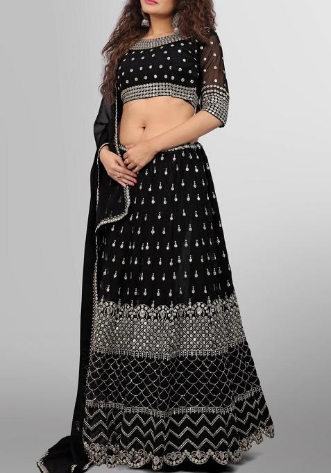 Black Embroidered Georgette Lehenga Set