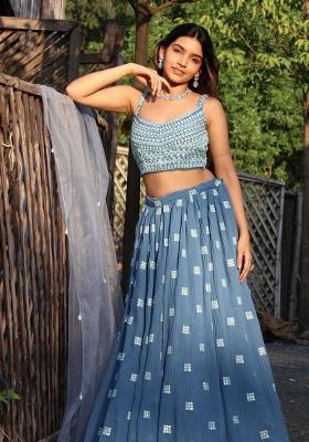 Dark Sky Blue Embroidered Georgette Lehenga Set