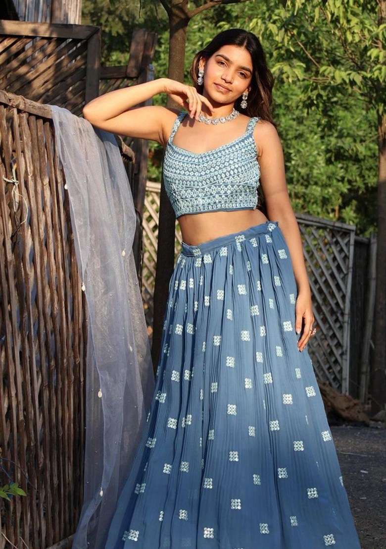 Dark Sky Blue Embroidered Georgette Lehenga Set for Diwali and Festive Wear - Indya