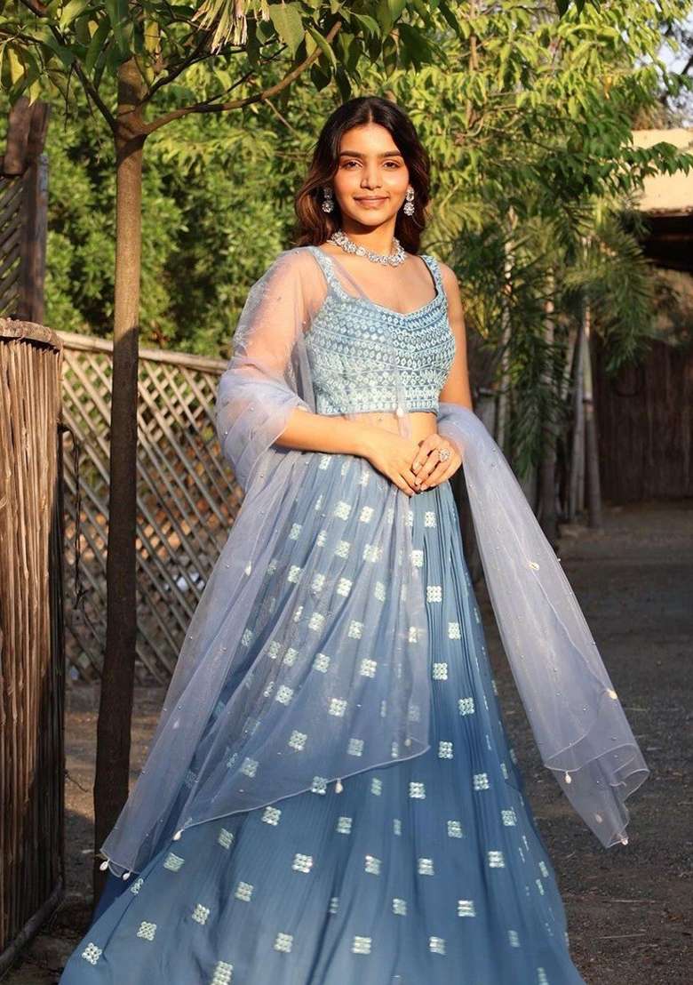 Dark Sky Blue Embroidered Georgette Lehenga Set for Diwali and Festive Wear - Indya