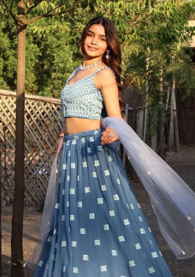 Dark Sky Blue Embroidered Georgette Lehenga Set for Diwali and Festive Wear - Indya