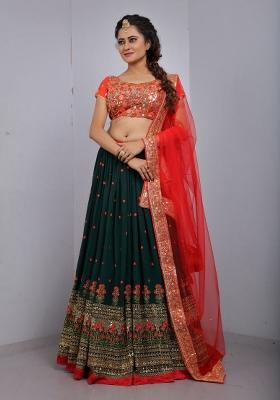 Green Embroidered Georgette Lehenga Set
