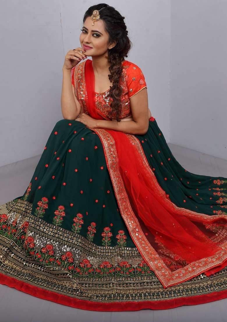 Green Georgette Lehenga Set with Embroidered for Diwali | Wedding & Festive Wear - Indya