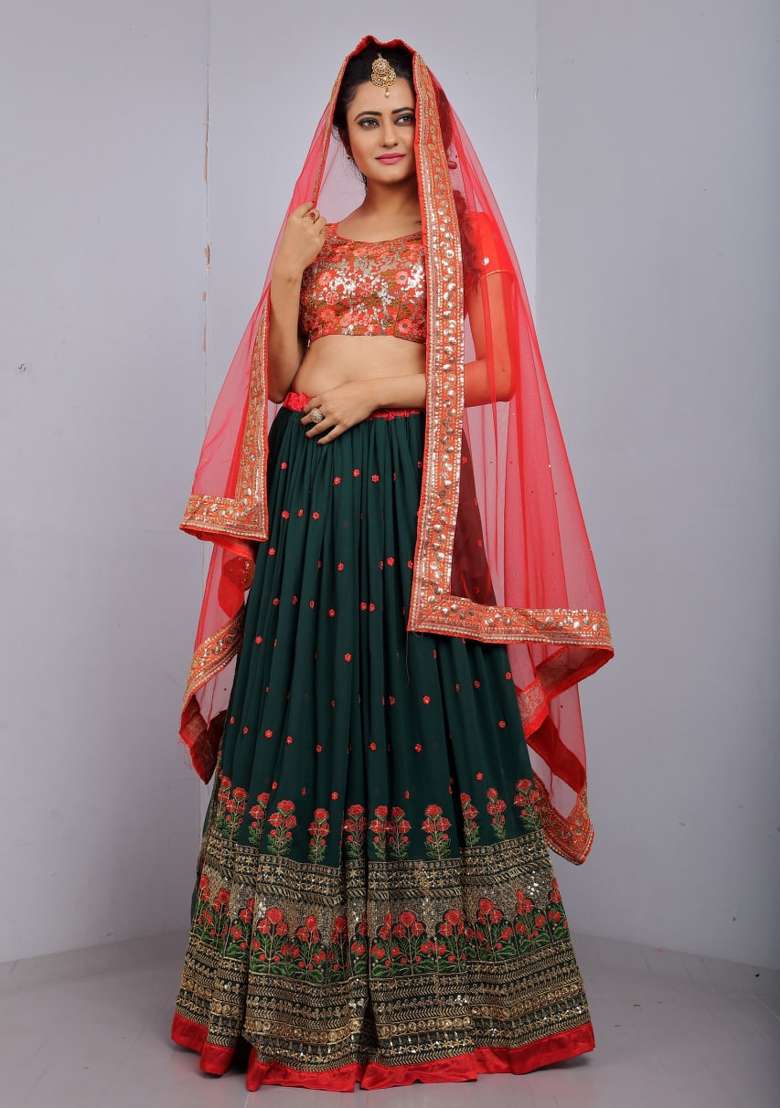 Green Georgette Lehenga Set with Embroidered for Diwali | Wedding & Festive Wear - Indya