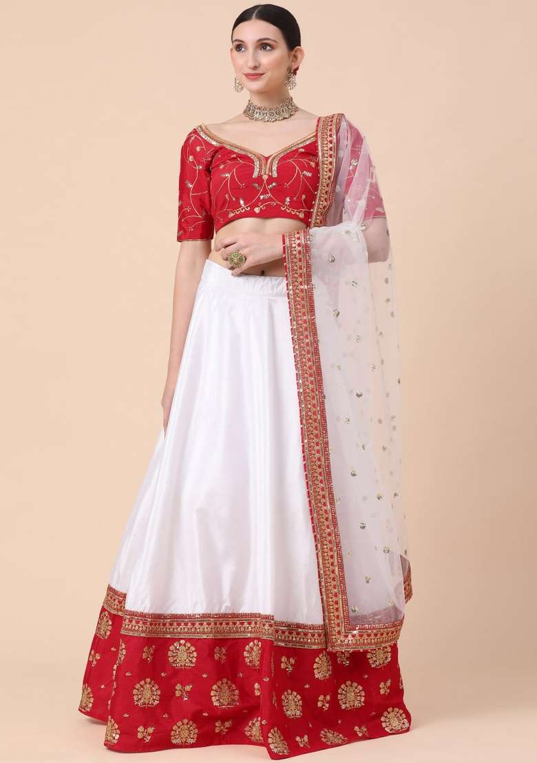 Red Embroidered Satin Lehenga Set for Diwali and Festive Wear - Indya