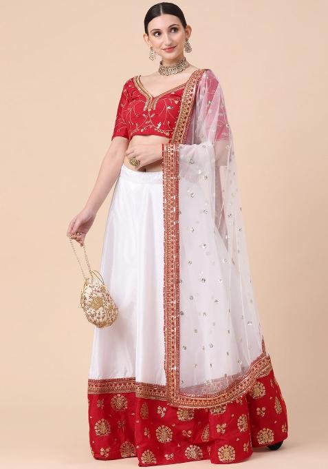 Red Embroidered Satin Lehenga Set