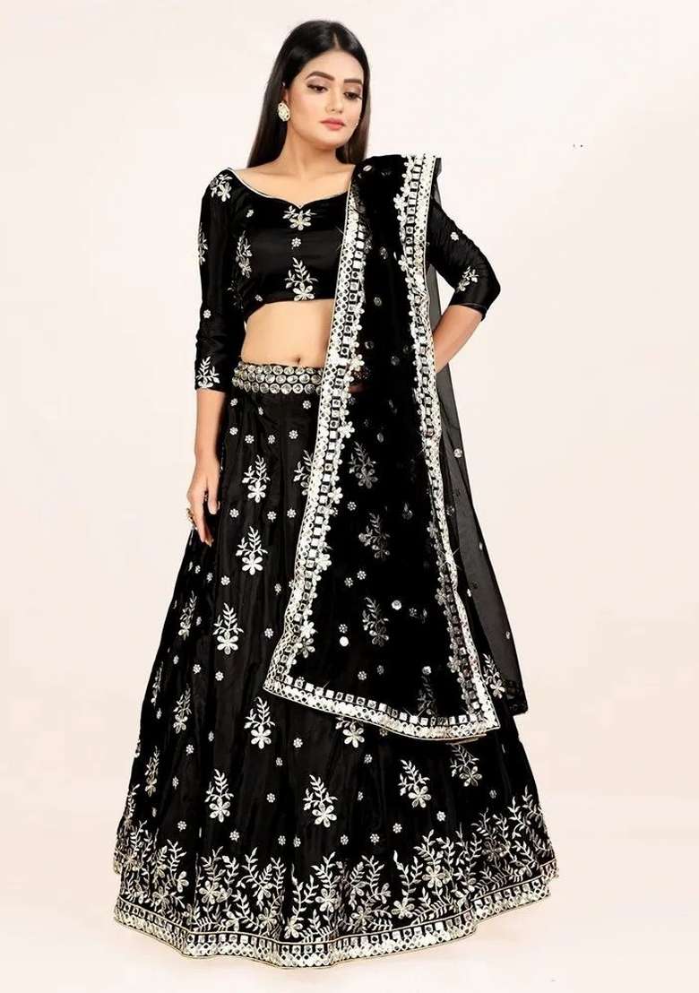 Black Embroidered Silk Lehenga Set for Diwali and Festive Wear - Indya