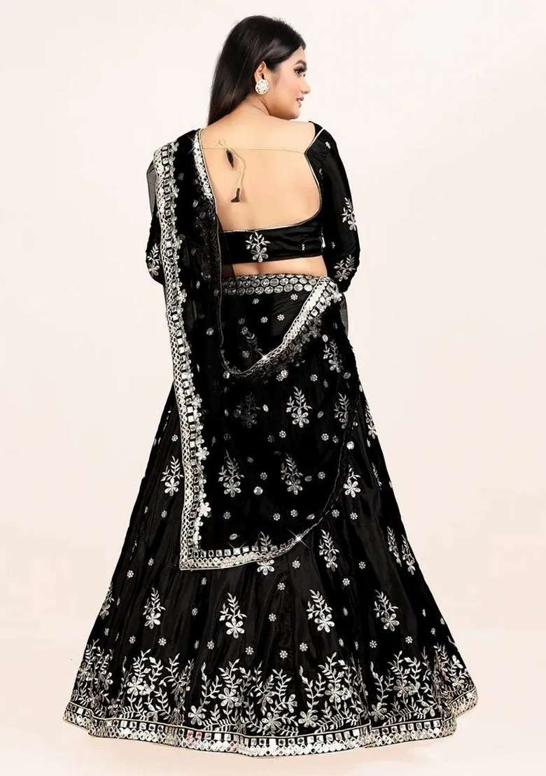 Black Embroidered Silk Lehenga Set for Diwali and Festive Wear - Indya