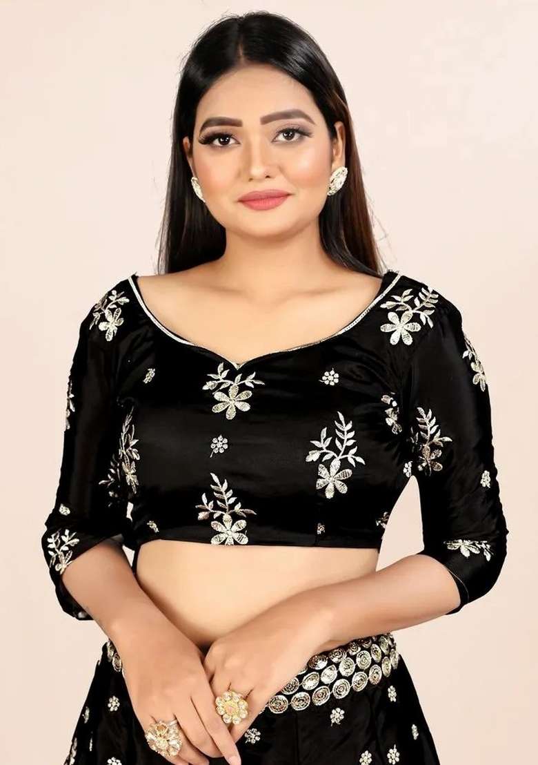 Black Embroidered Silk Lehenga Set for Diwali and Festive Wear - Indya