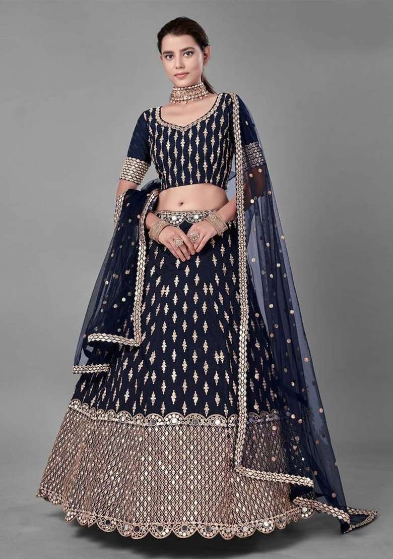 Blue Embroidered Silk Lehenga Set - Indya