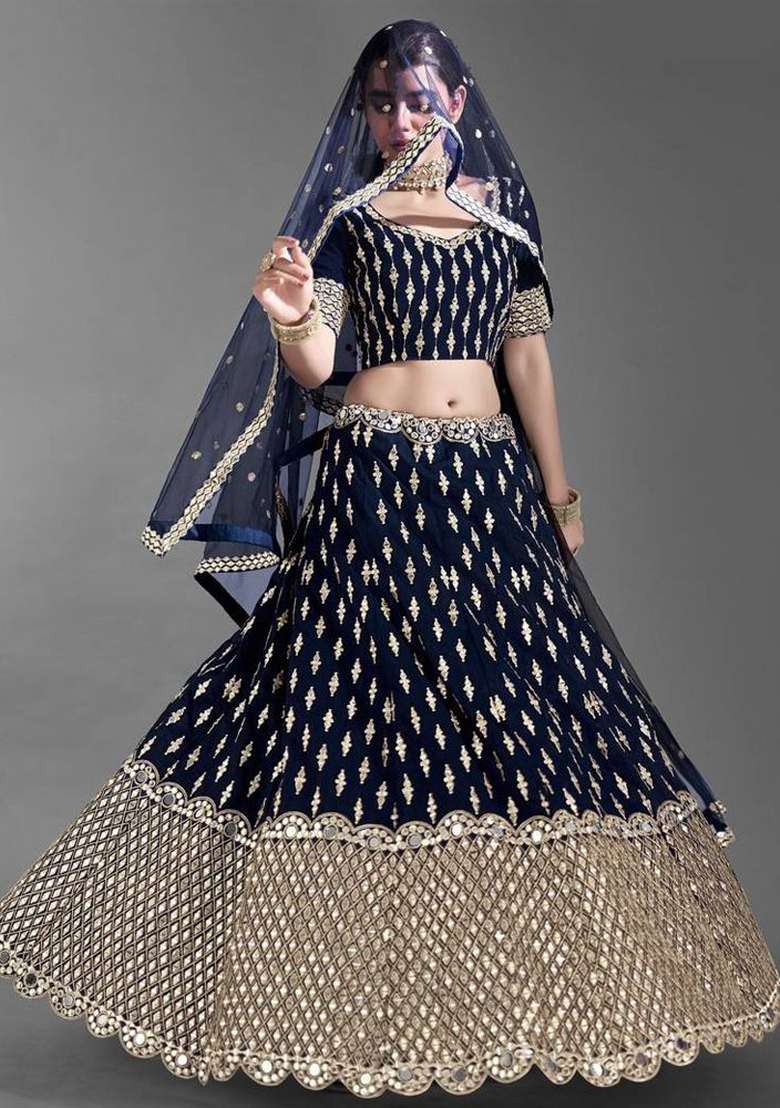 Blue Embroidered Silk Lehenga Set - Indya