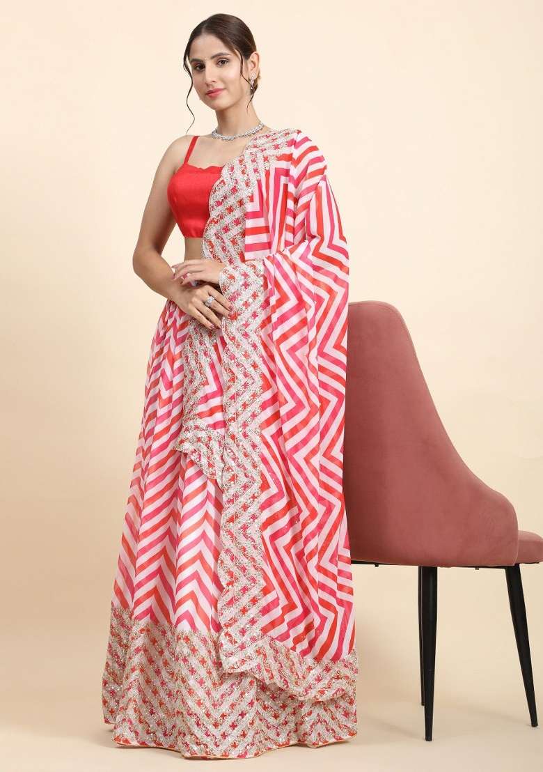 Multicolor Embroidered Georgette Lehenga Set for Diwali and Festive Wear - Indya