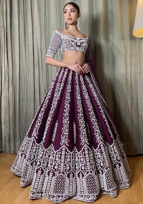 Wine Embroidered Chinon Lehenga Set