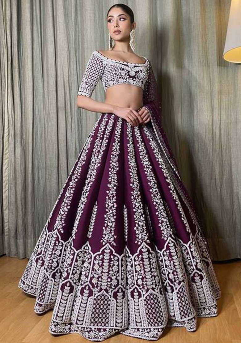 Wine Embroidered Chinon Lehenga Set for Diwali and Festive Wear - Indya