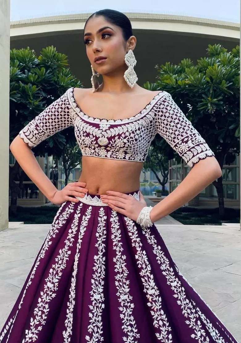 Wine Embroidered Chinon Lehenga Set for Diwali and Festive Wear - Indya