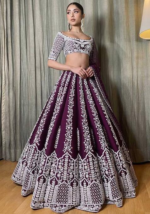 Wine Embroidered Chinon Lehenga Set