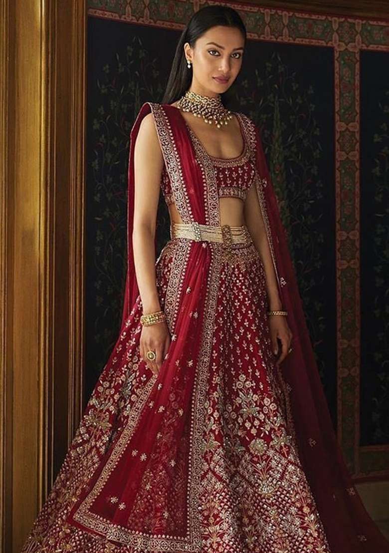 Red Embroidered Satin Lehenga Set for Diwali and Festive Wear - Indya