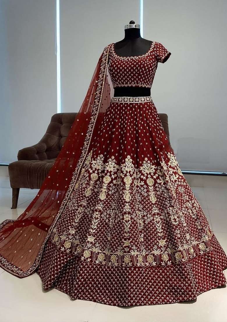 Red Embroidered Satin Lehenga Set for Diwali and Festive Wear - Indya