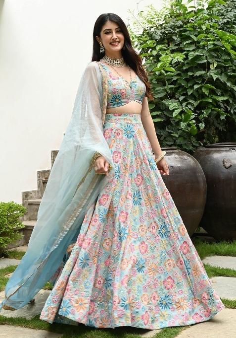 Multicolor Embroidered Silk Lehenga Set