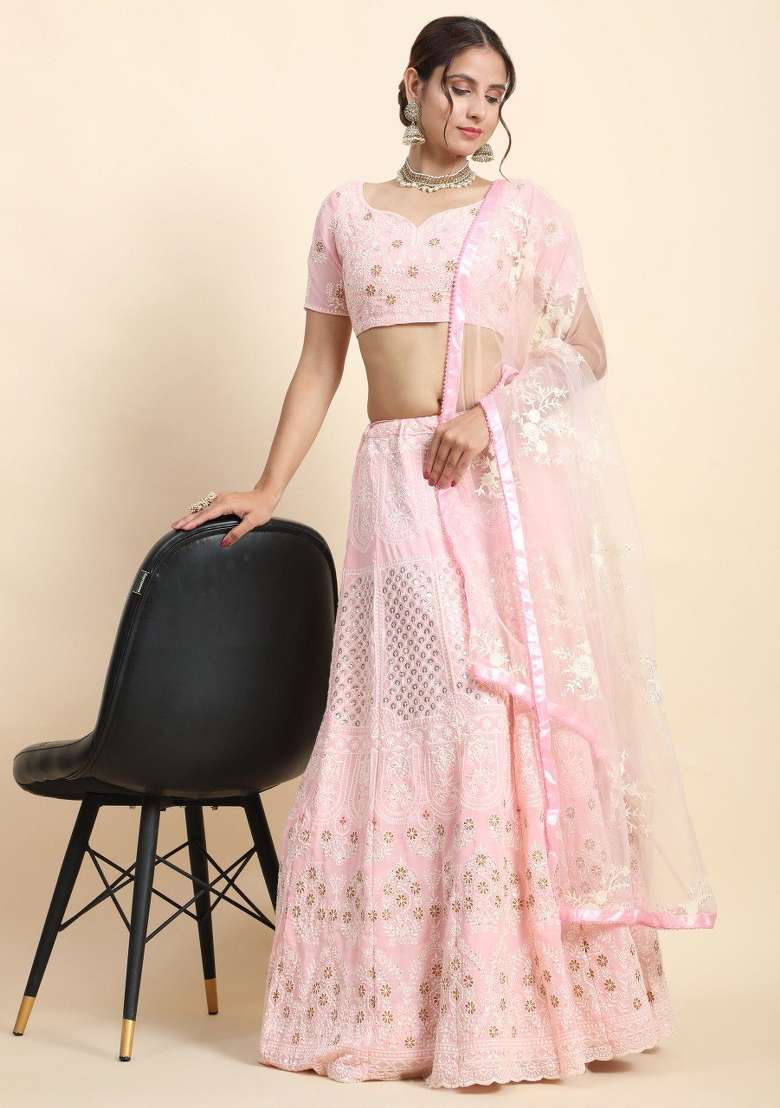Baby Pink Embroidered Georgette Lehenga Set for Diwali and Festive Wear - Indya