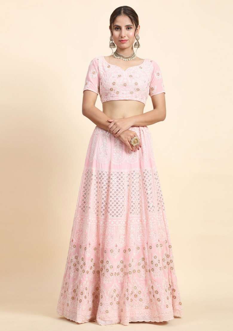 Baby Pink Embroidered Georgette Lehenga Set for Diwali and Festive Wear - Indya