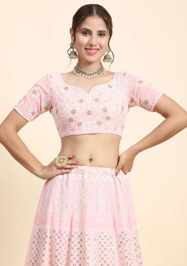 Baby Pink Embroidered Georgette Lehenga Set for Diwali and Festive Wear - Indya