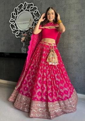 Dark Pink Embroidered Georgette Lehenga Set