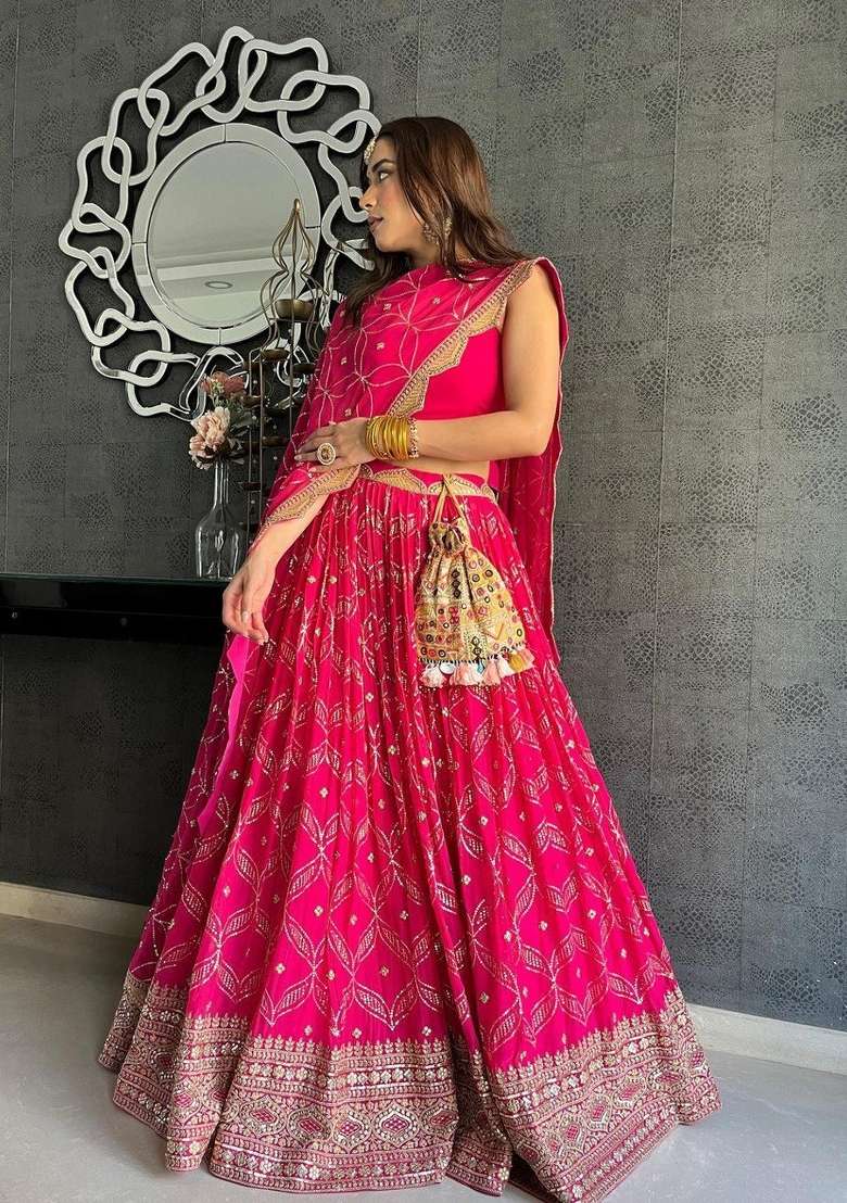 Dark Pink Embroidered Georgette Lehenga Set for Diwali and Festive Wear - Indya