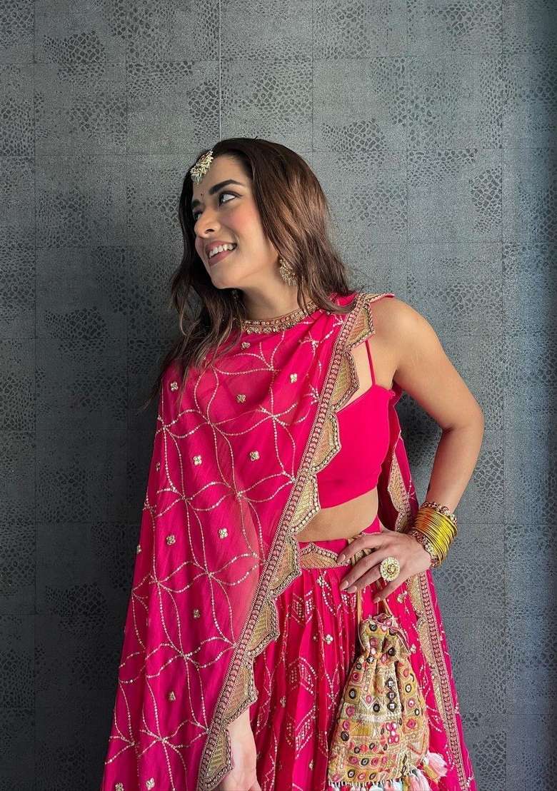 Dark Pink Embroidered Georgette Lehenga Set for Diwali and Festive Wear - Indya