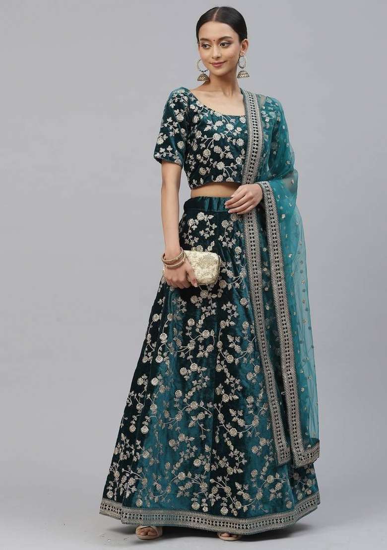 Bottle Green Velvet Lehenga Set with Embroidered for Diwali | Wedding & Festive Wear - Indya