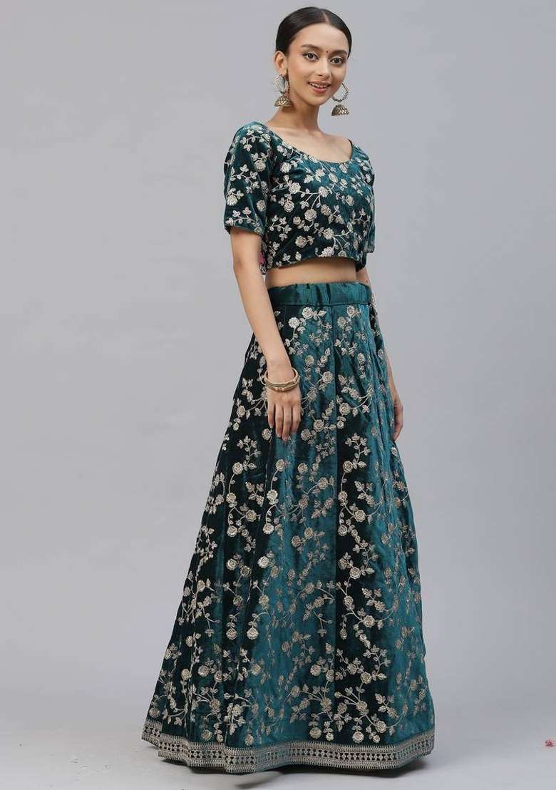 Bottle Green Velvet Lehenga Set with Embroidered for Diwali | Wedding & Festive Wear - Indya