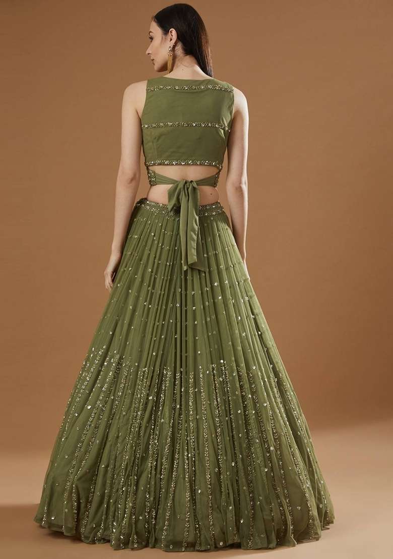 Mehendi Georgette Lehenga Set with Embroidered for Diwali | Wedding & Festive Wear - Indya