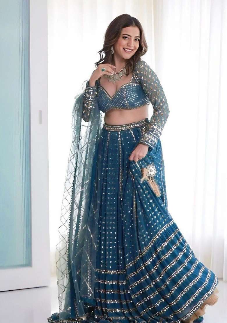 Blue Georgette Lehenga Set with Embroidered for Diwali | Wedding & Festive Wear - Indya