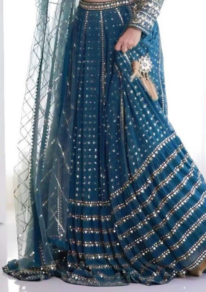 Blue Georgette Lehenga Set with Embroidered for Diwali | Wedding & Festive Wear - Indya