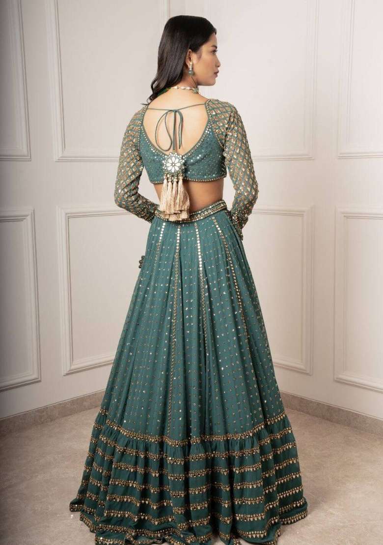 Green Georgette Lehenga Set with Embroidered for Diwali | Wedding & Festive Wear - Indya