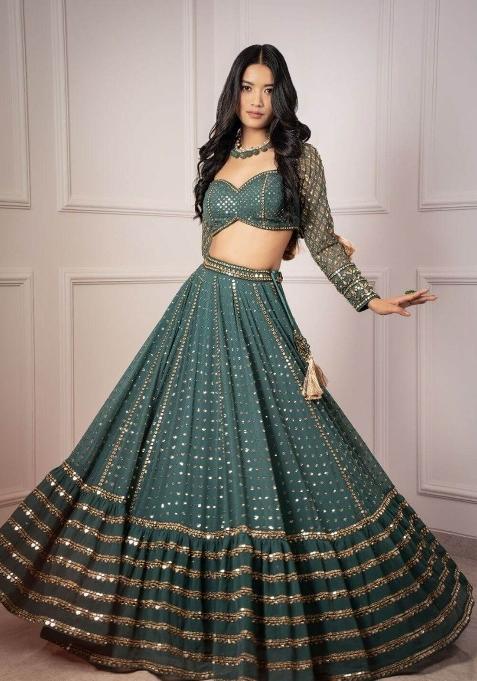 Green Embroidered Georgette Lehenga Set