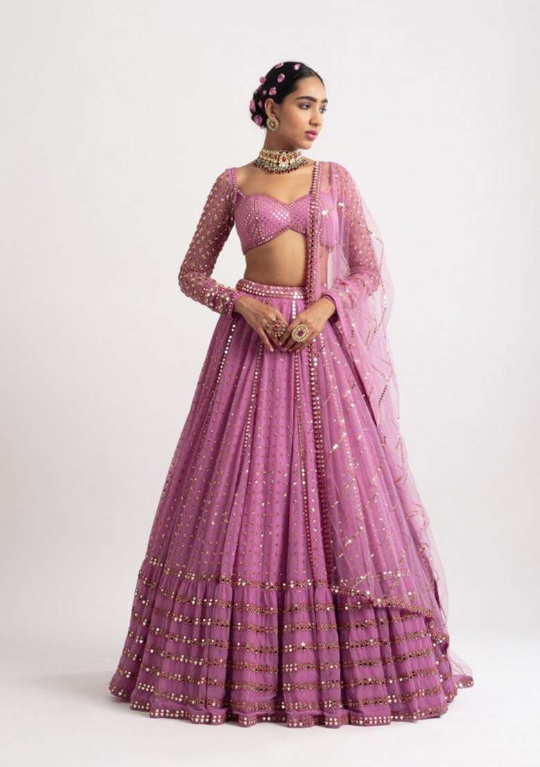 Pink Georgette Lehenga Set with Embroidered for Diwali | Wedding & Festive Wear - Indya