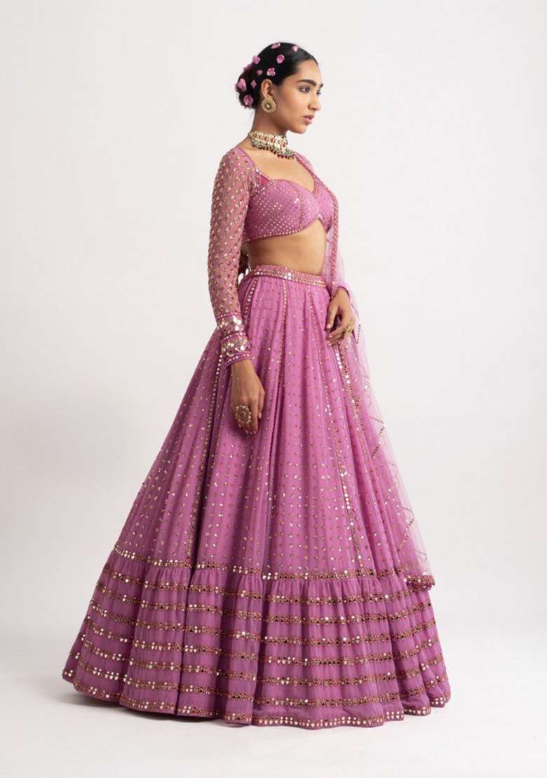 Pink Georgette Lehenga Set with Embroidered for Diwali | Wedding & Festive Wear - Indya