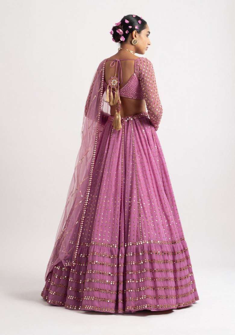 Pink Georgette Lehenga Set with Embroidered for Diwali | Wedding & Festive Wear - Indya