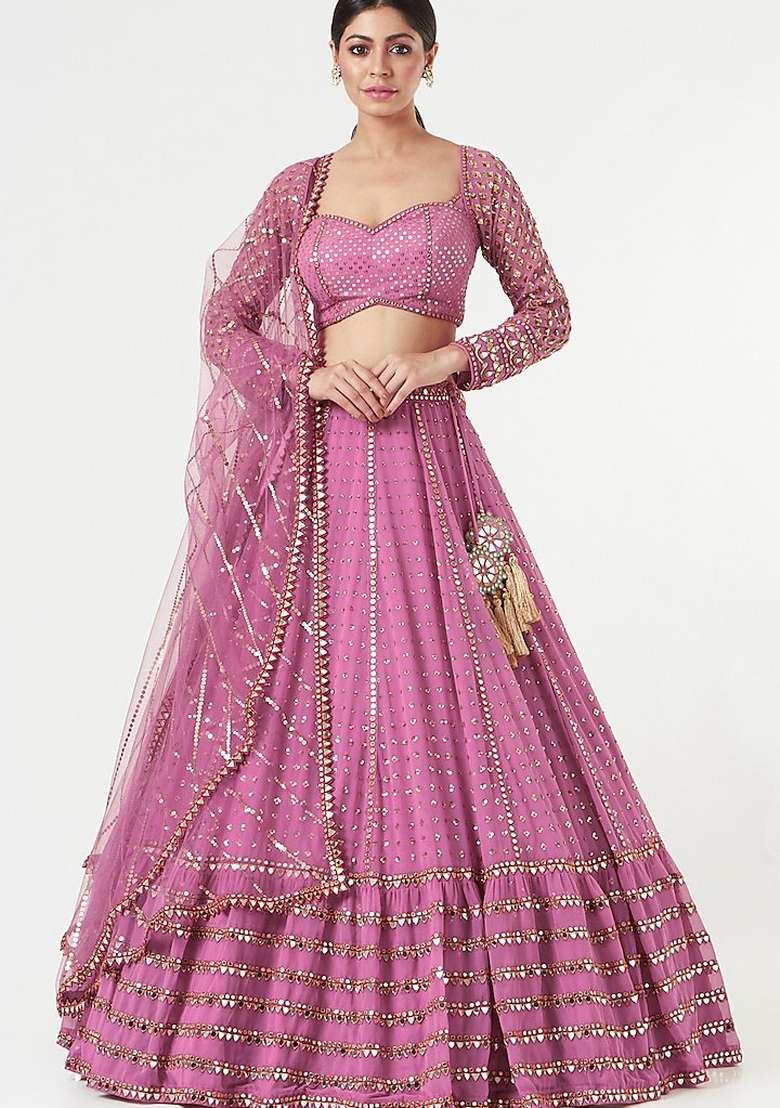 Pink Georgette Lehenga Set with Embroidered for Diwali | Wedding & Festive Wear - Indya